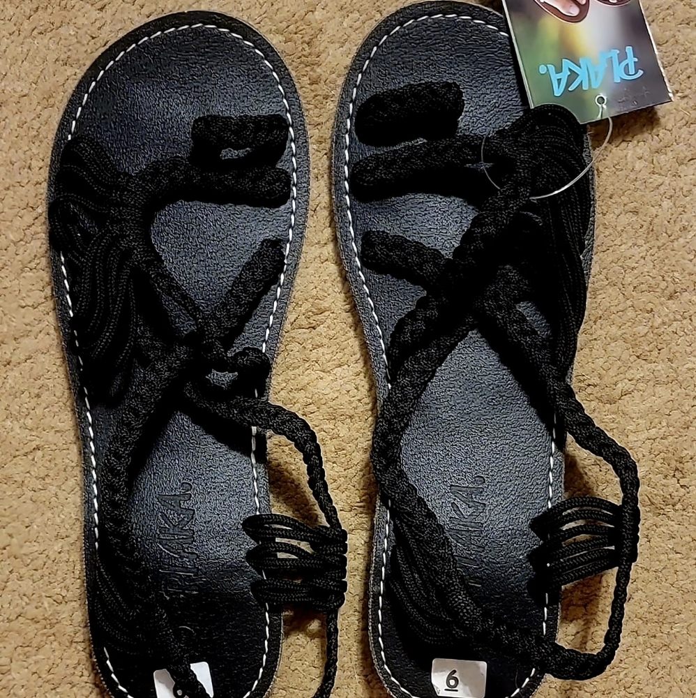 Black Strappy Rope Sandals - Women's Comfort Sandals